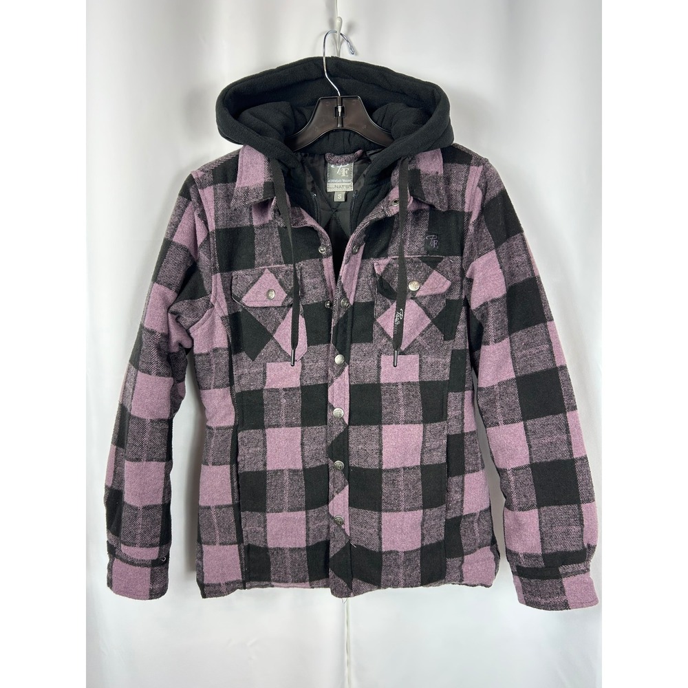 P&F Workwear Purple Black Buffalo Plaid Hooded Flannel Shacket Jacket Small